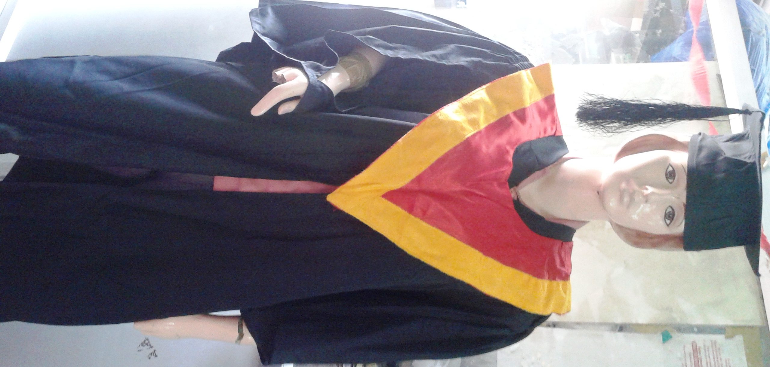 Black Graduation Gown with golden yellow border in the front with Hat and  tussle - My Custom Attire