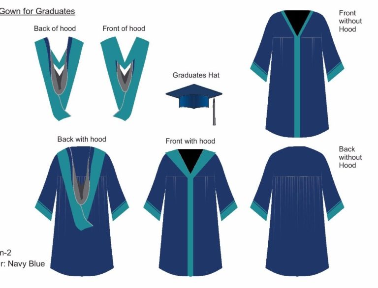 Graduation gown in navy blue with green border and hat and tussle, hood ...